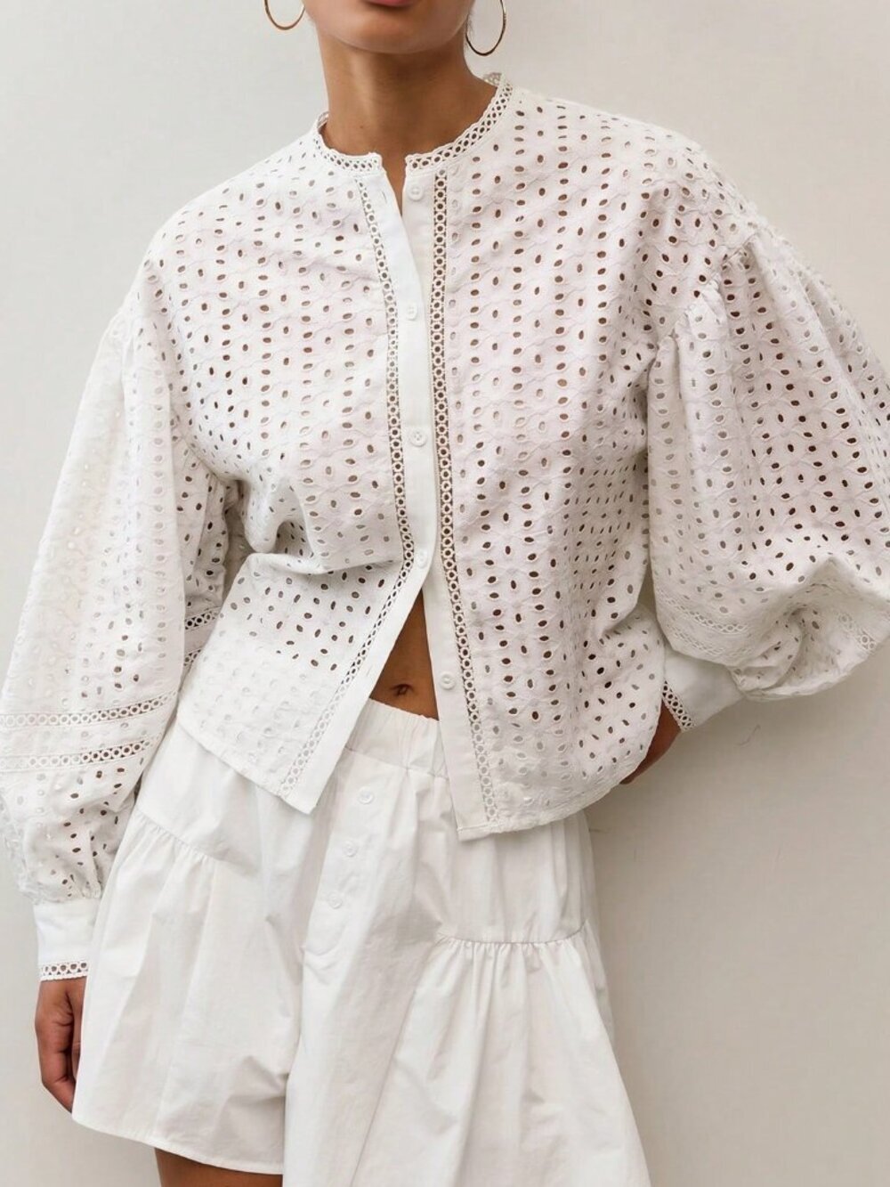 White Casual Women's Blouse with Band Collar and Button Front